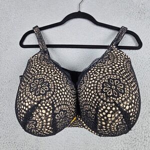 Cacique Plunge Bra 42G Black Beige Lace Underwire Padded Lined Women's Plus